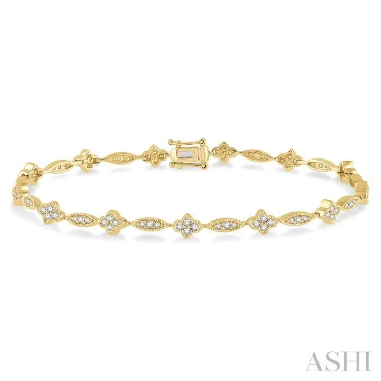 1 1/10 ctw Marquise and Floral Link Diamond Bracelet in 10K Yellow Gold