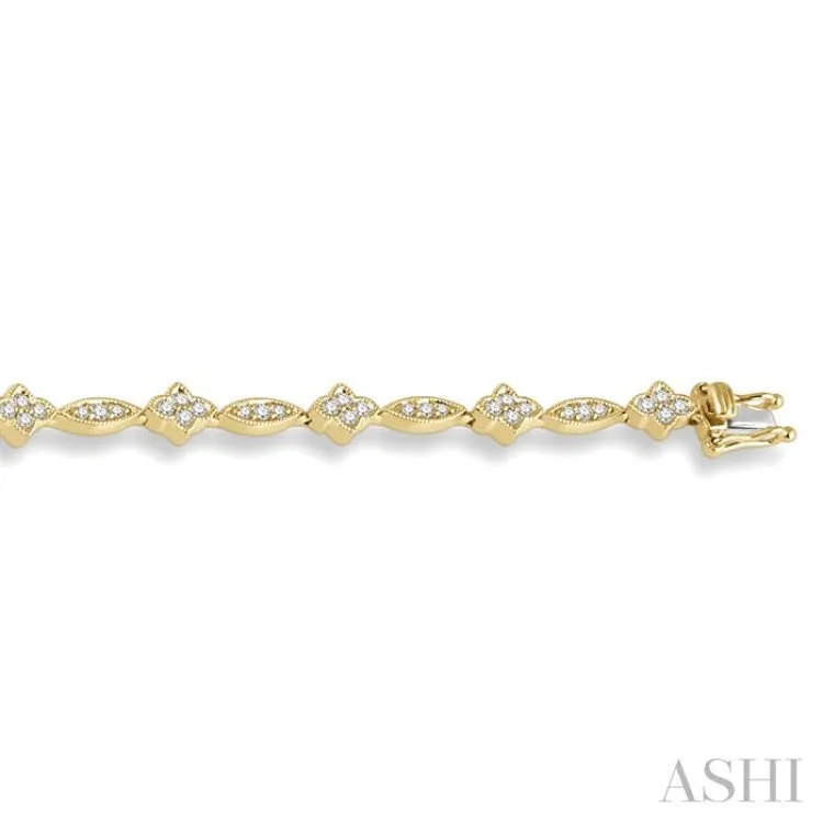 1 1/10 ctw Marquise and Floral Link Diamond Bracelet in 10K Yellow Gold