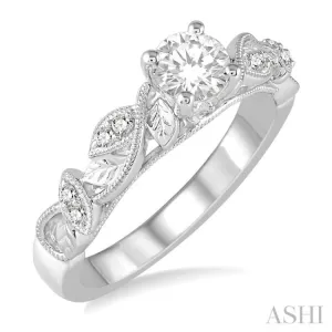 1/10 Ctw Round Semi-Mount Leaf Motif Engagement Ring in 14K White Gold