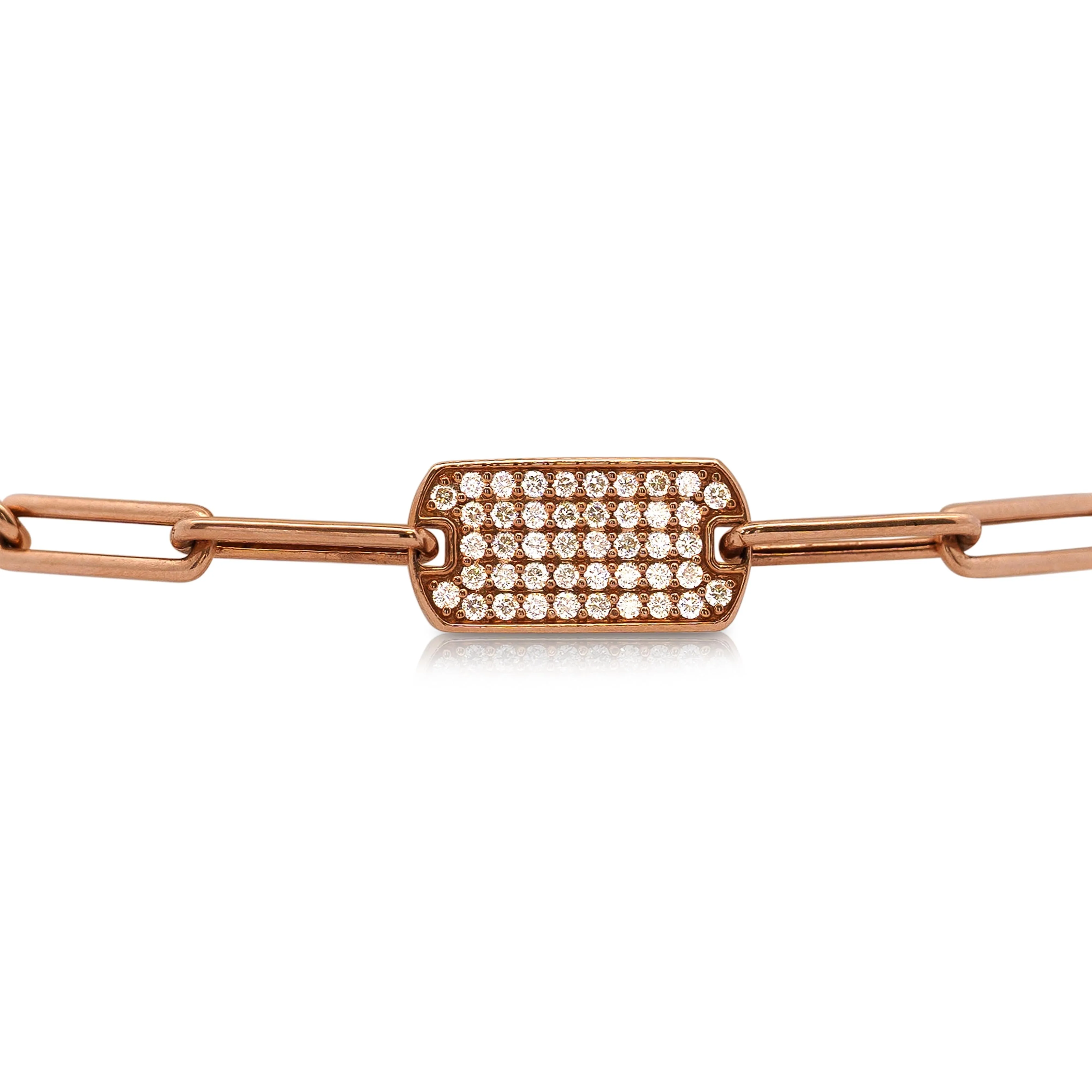 14K Rose Gold ID Tag Round Diamond Pave Cable Link Chain Bracelet