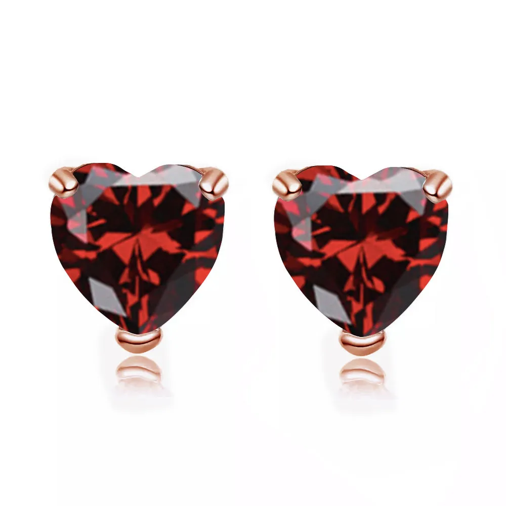 14k Rose Gold Plated 3 Carat Heart Created Garnet Sapphire Stud Earrings