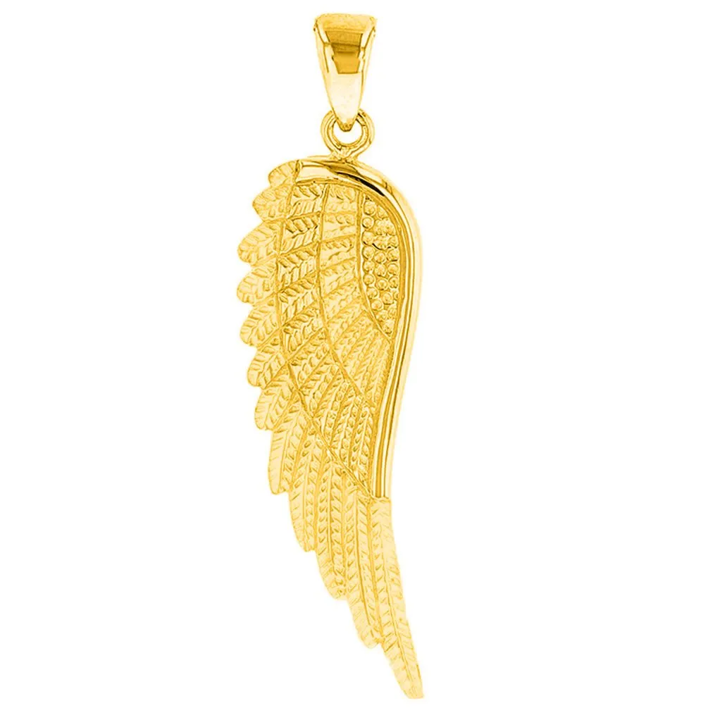 14k Solid Gold Textured Angel Wing Charm Pendant Necklace - Yellow Gold