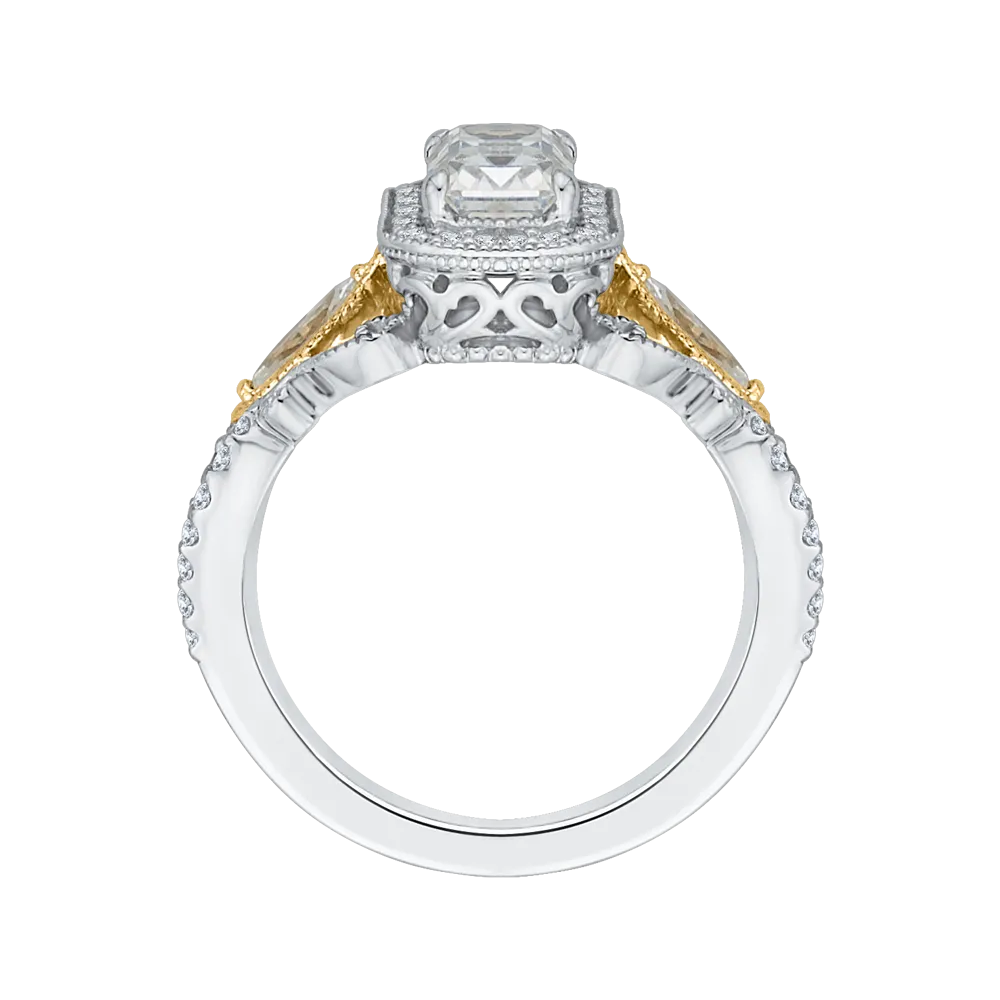 14K Two Tone Gold Emerald Cut Diamond Halo Engagement Ring (Semi Mount)