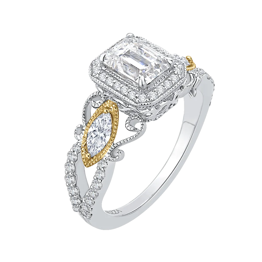 14K Two Tone Gold Emerald Cut Diamond Halo Engagement Ring (Semi Mount)