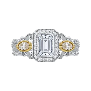 14K Two Tone Gold Emerald Cut Diamond Halo Engagement Ring (Semi Mount)