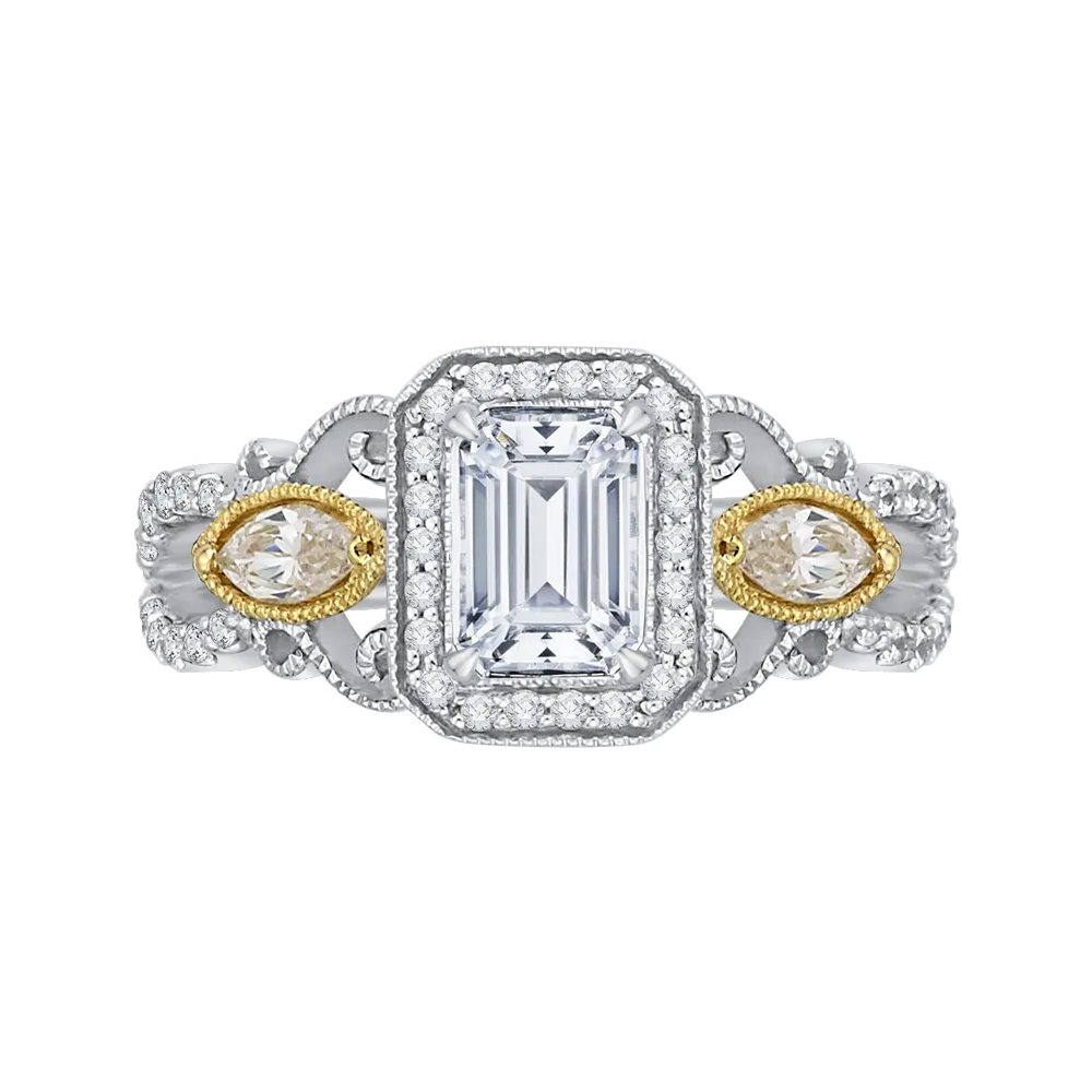 14K Two Tone Gold Emerald Cut Diamond Halo Engagement Ring (Semi Mount)