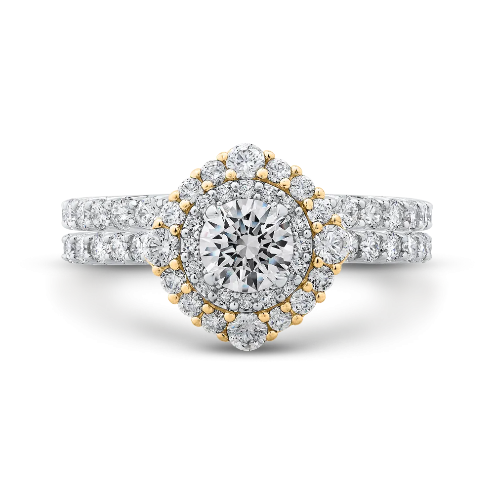 14K Two Tone Gold Round Diamond Double Halo Engagement Ring