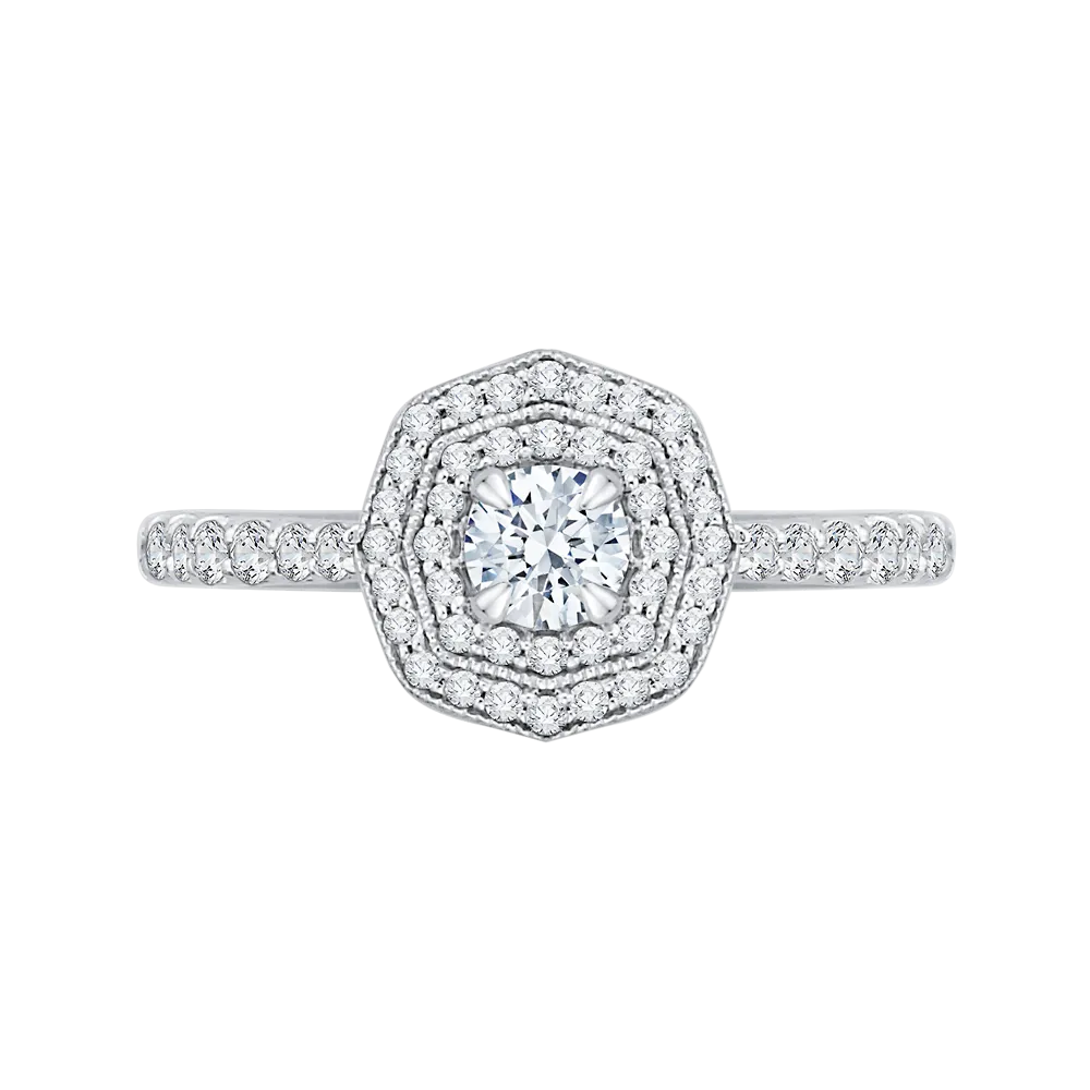 14K White Gold Round Cut Diamond Octagon Shape Double Halo Engagement Ring