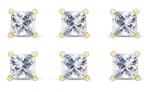 14k Yellow Gold Plated 6mm 3Ct Princess Cut White Sapphire Set Of Three Stud Earrings