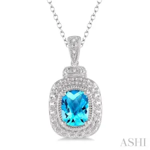 1/50 Ctw Cushion Shape 8x6 MM Blue Topaz & Round Cut Diamond Semi Precious Pendant With Chain in Sterling Silver