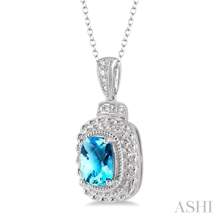 1/50 Ctw Cushion Shape 8x6 MM Blue Topaz & Round Cut Diamond Semi Precious Pendant With Chain in Sterling Silver