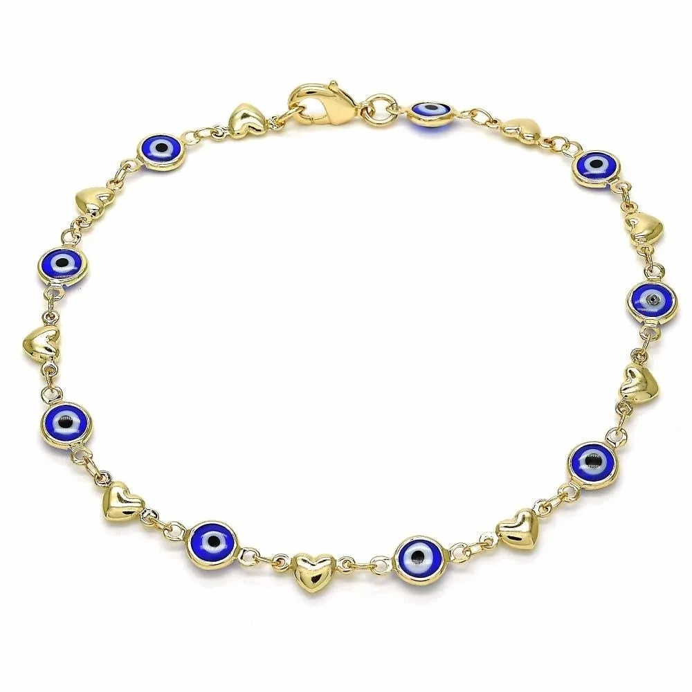 18K WOMENS GOLD Filled High Polish Finsh Heart-BLUE EVIL EYE LOBSTER CLASP ANKLE BRACELET 10 INCH