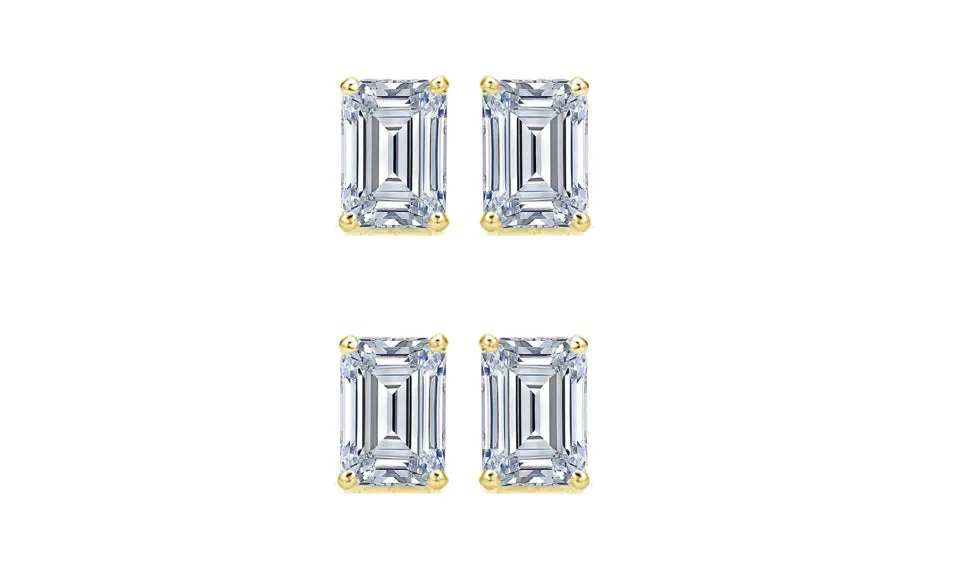 18k Yellow Gold 4Ct Emerald Cut White Sapphire Set Of Two Stud Earrings Plated