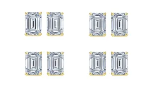 18k Yellow Gold 4mm 1/2Ct Emerald Cut White Sapphire Set Of Four Stud Earrings Plated