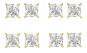 18k Yellow Gold Plated 2Ct Square Cut White Sapphire Set Of Four Stud Earrings