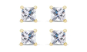 18k Yellow Gold Plated 4mm 2Ct Princess Cut White Sapphire Set Of Two Stud Earrings