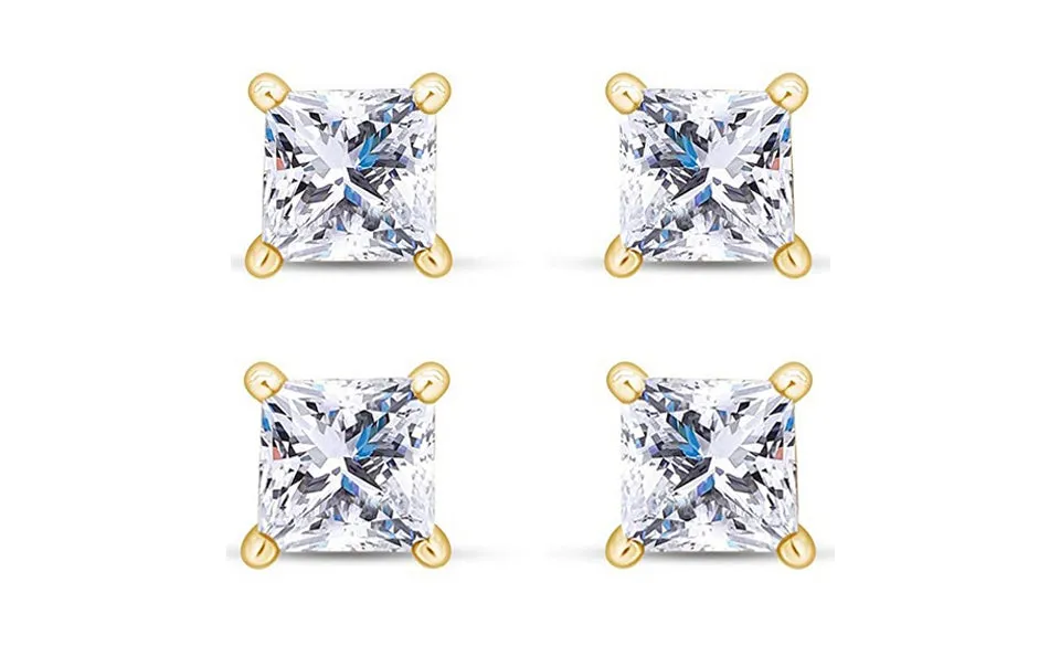 18k Yellow Gold Plated 4mm 2Ct Princess Cut White Sapphire Set Of Two Stud Earrings