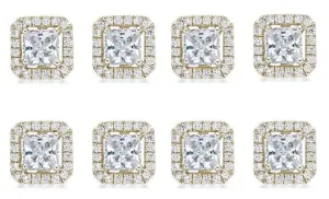 18k Yellow Gold Plated 6mm 1/2Ct Princess Cut White Sapphire Set of Four Halo Stud Earrings