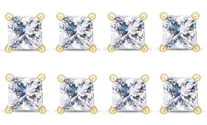 18k Yellow Gold Plated 6mm 2Ct Princess Cut White Sapphire Set Of Four Stud Earrings