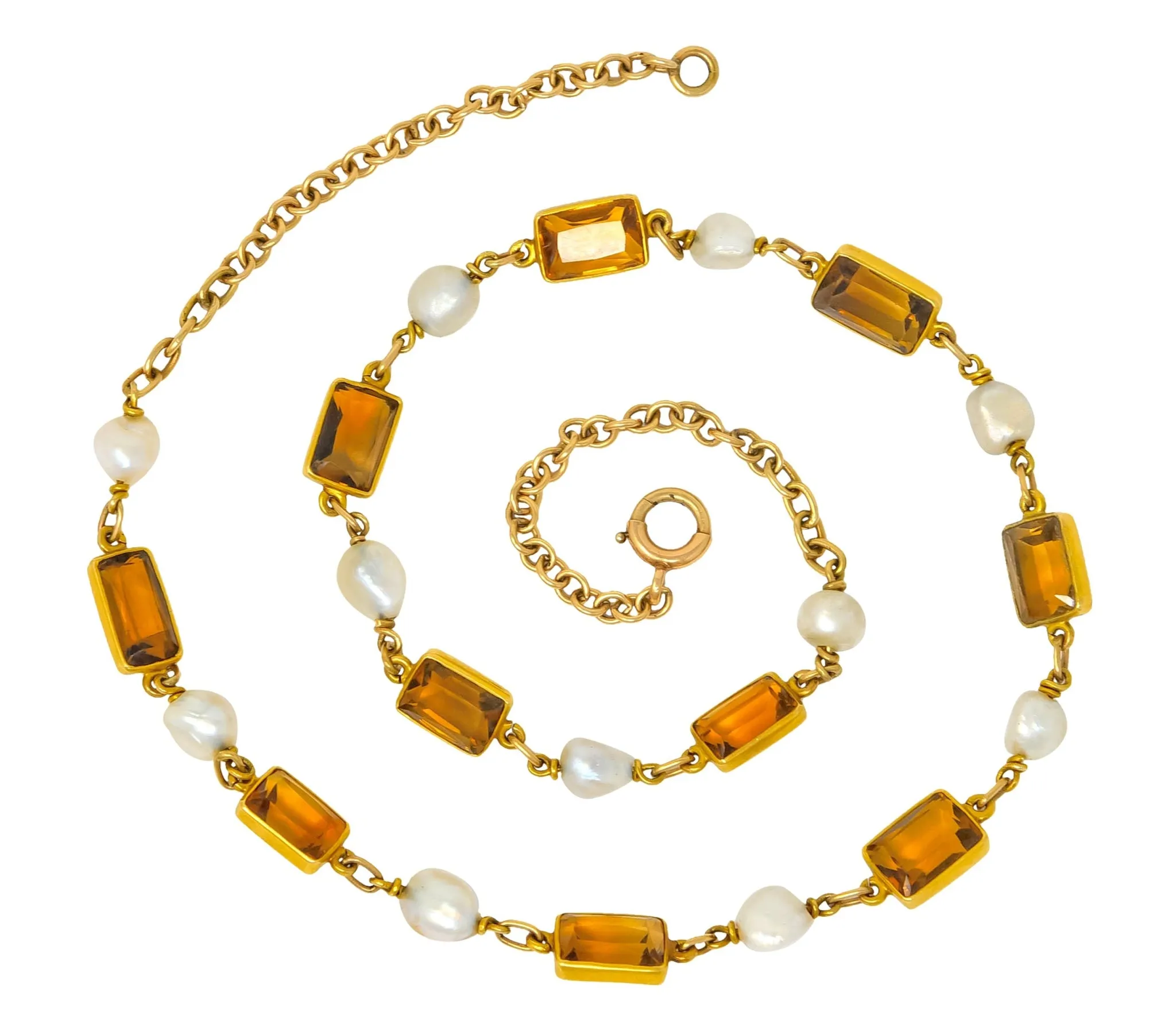 1905 Art Nouveau Citrine Pearl 14 Karat Gold Link Necklace