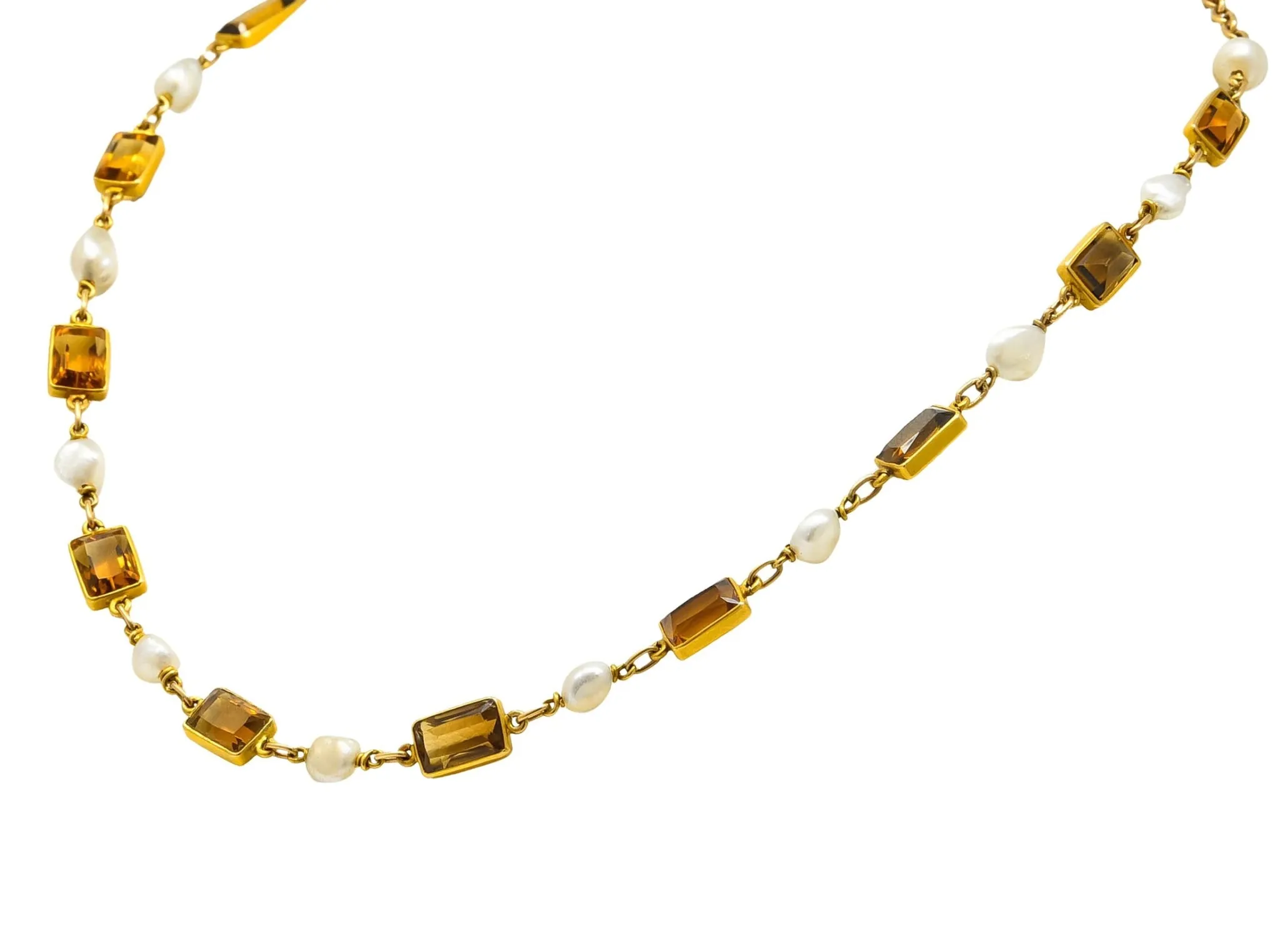 1905 Art Nouveau Citrine Pearl 14 Karat Gold Link Necklace