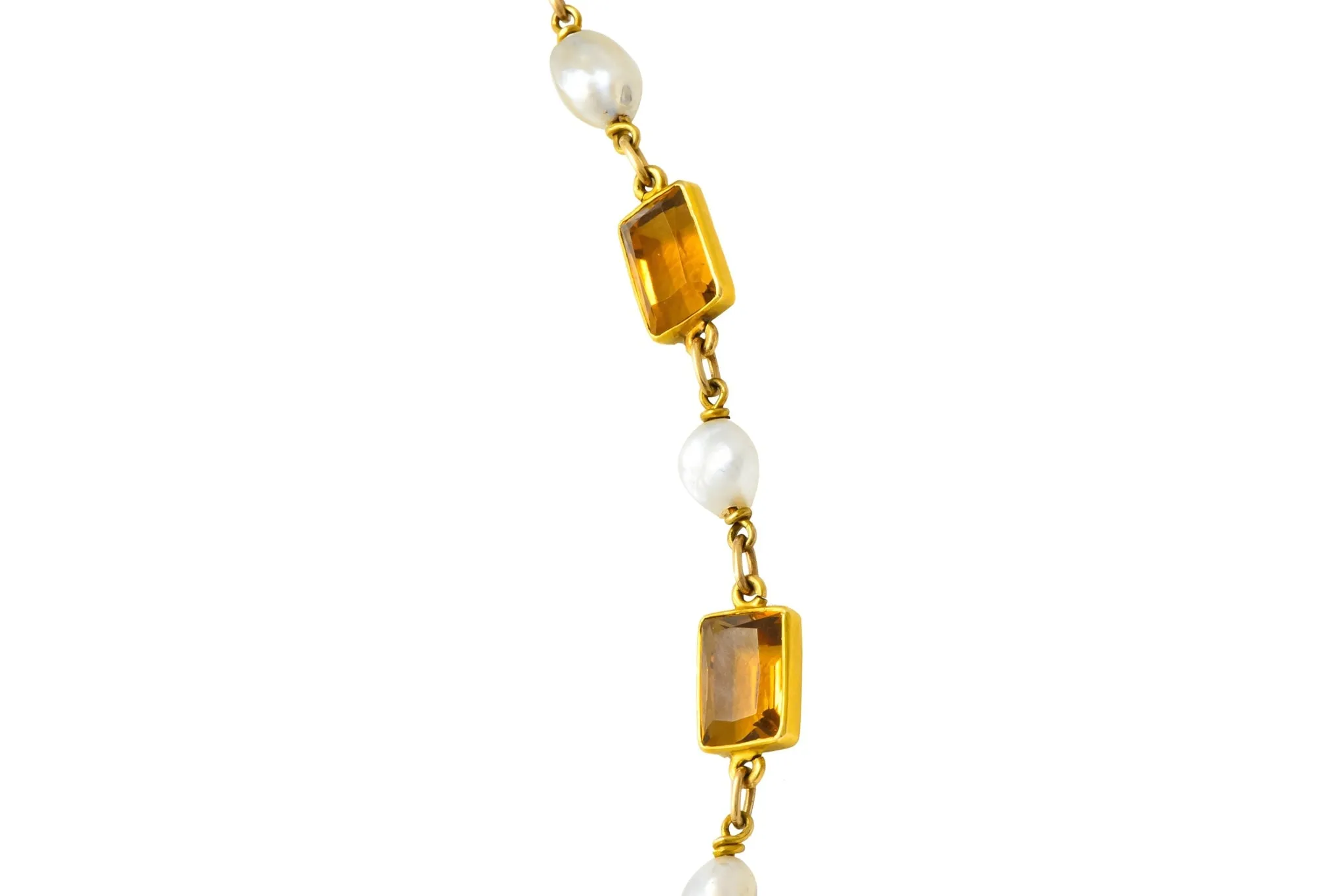 1905 Art Nouveau Citrine Pearl 14 Karat Gold Link Necklace