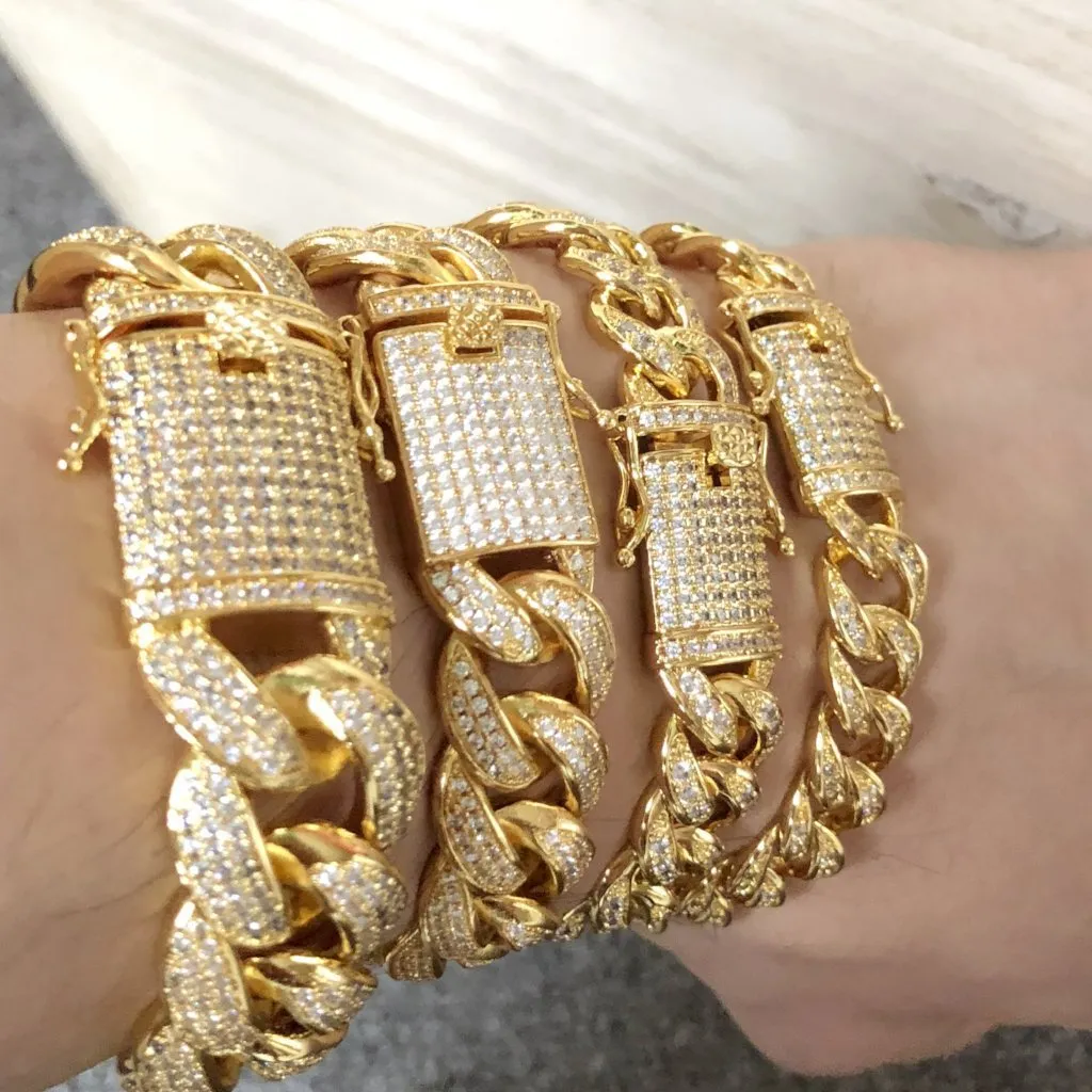 19MM Miami Cuban Gold CZ Ice Lock CZ Bling Bracelet