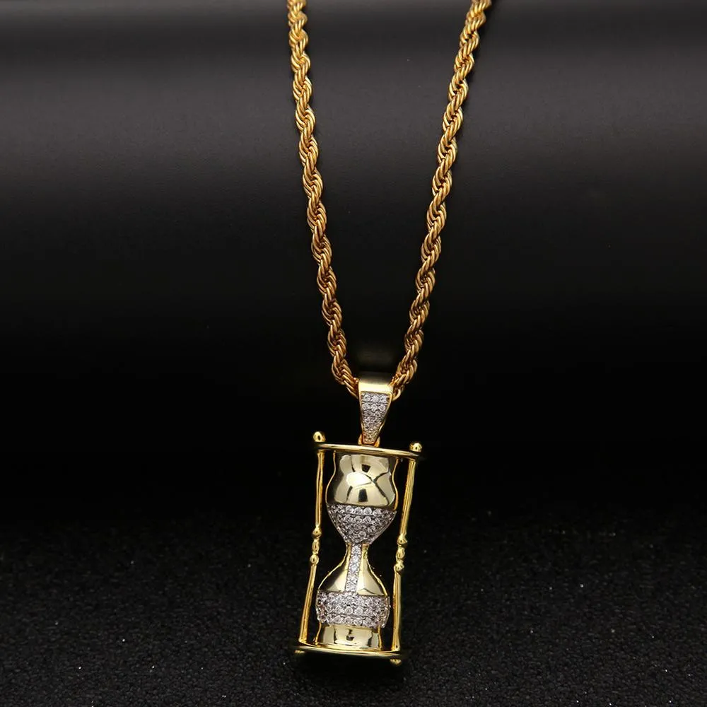 2019 new ice out hip hop men's hourglass zircon pendant two-color plating necklace jewelry