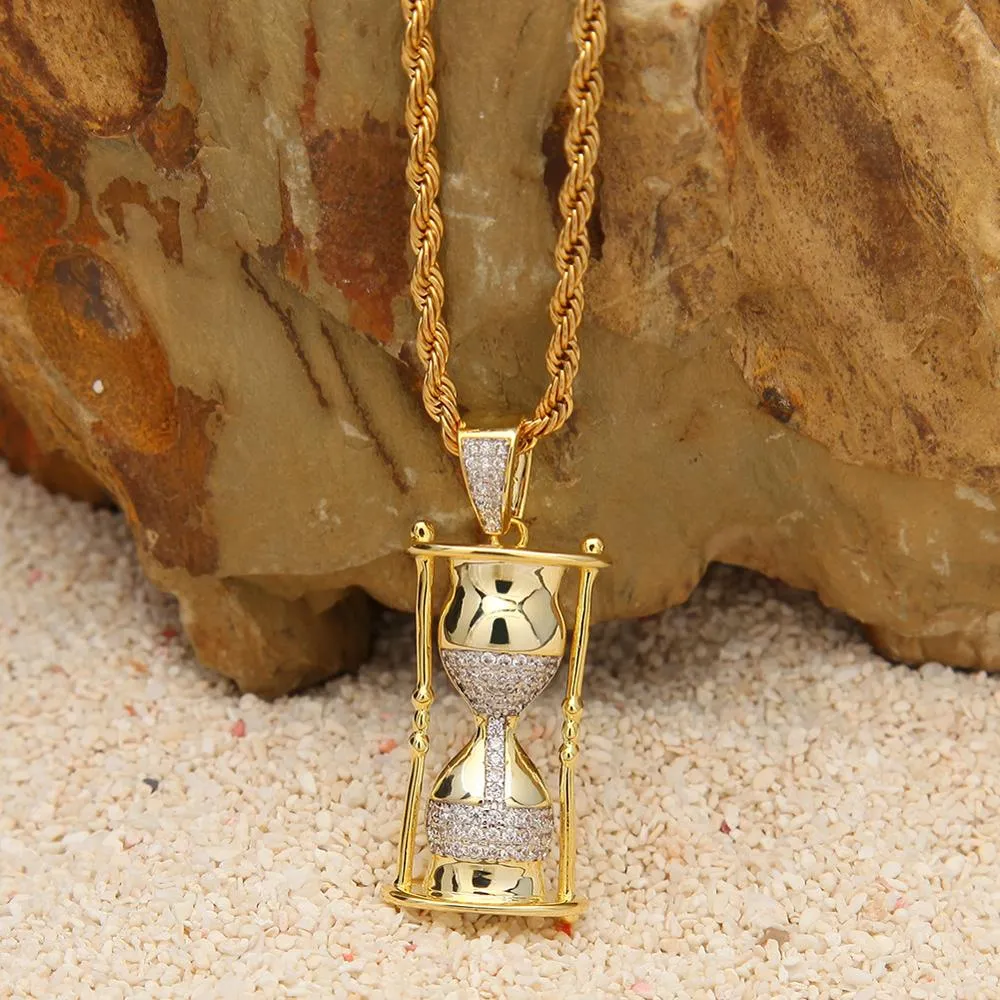 2019 new ice out hip hop men's hourglass zircon pendant two-color plating necklace jewelry