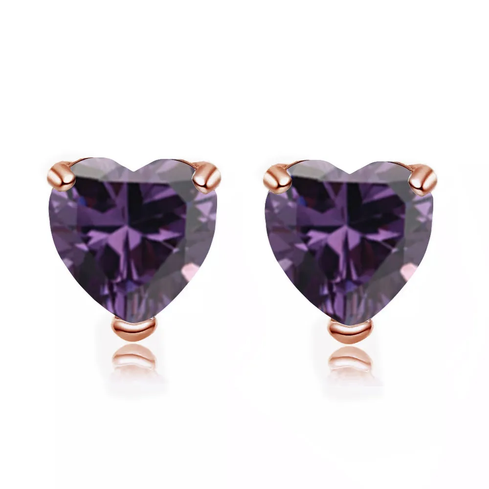 24k Rose Gold Plated 4 Carat Heart Created Amethyst Sapphire Stud Earrings