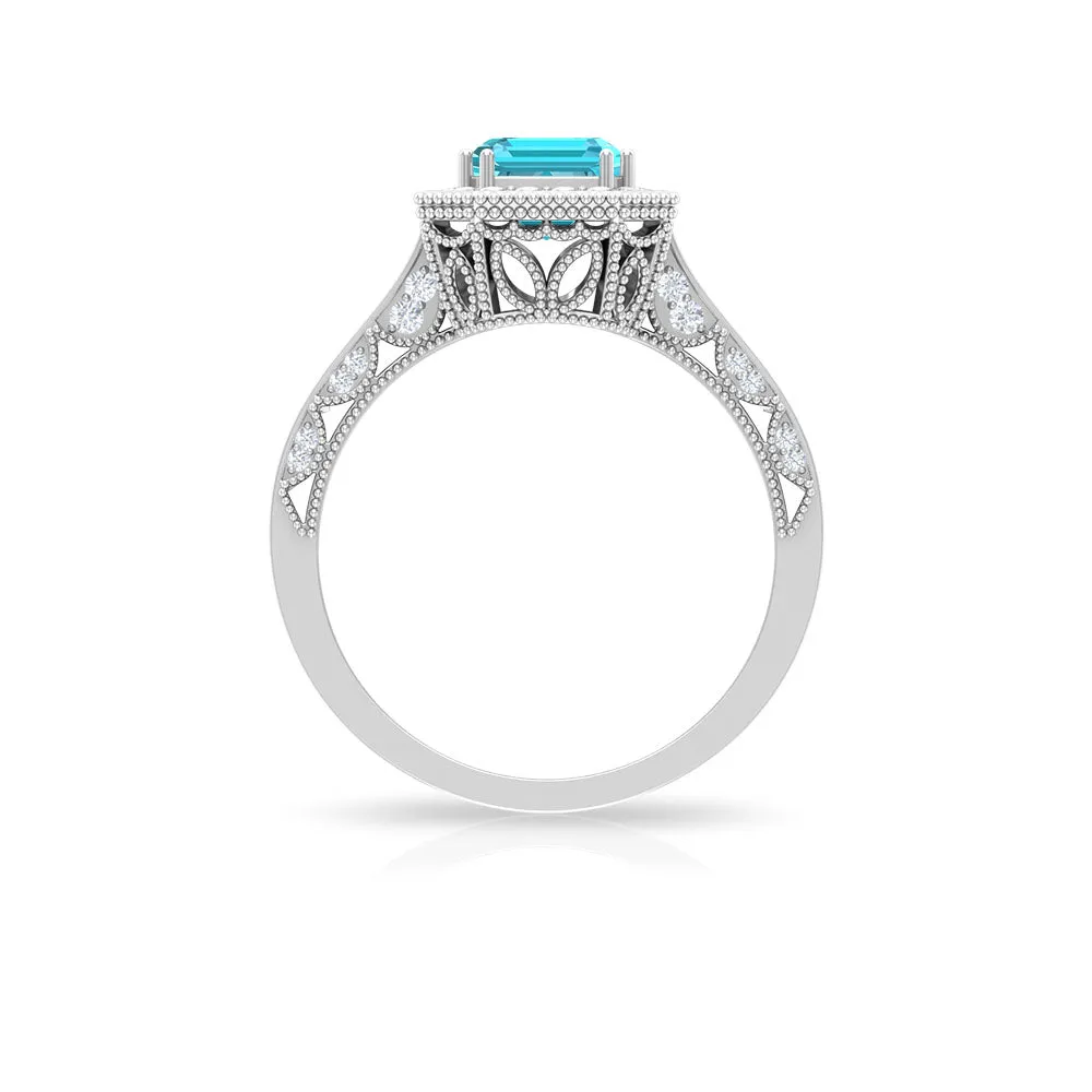 2.75 CT Swiss Blue Topaz Vintage Engagement Ring with Moissanite