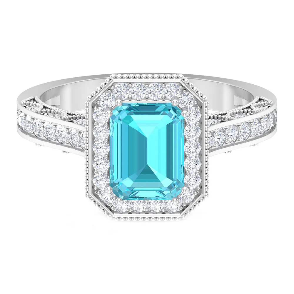 2.75 CT Swiss Blue Topaz Vintage Engagement Ring with Moissanite