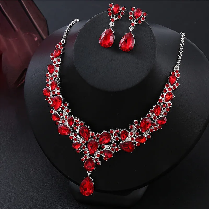 2pcs Women's Exaggerated Rhinestone Inlaid Necklace And Earring Set, Suitable For Bridal Wedding Party Evening Dress Accessories