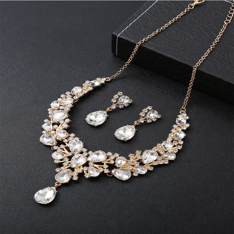 2pcs Women's Exaggerated Rhinestone Inlaid Necklace And Earring Set, Suitable For Bridal Wedding Party Evening Dress Accessories