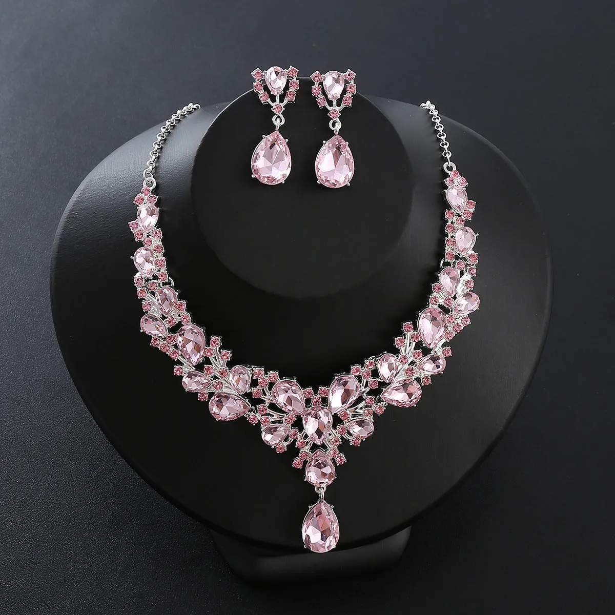 2pcs Women's Exaggerated Rhinestone Inlaid Necklace And Earring Set, Suitable For Bridal Wedding Party Evening Dress Accessories