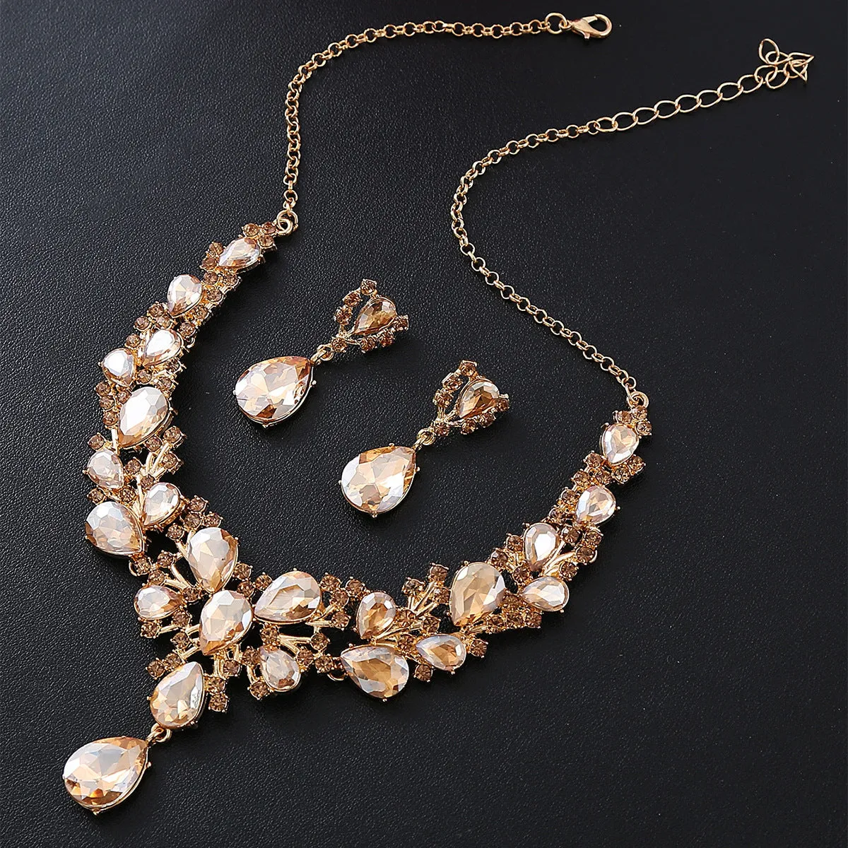 2pcs Women's Exaggerated Rhinestone Inlaid Necklace And Earring Set, Suitable For Bridal Wedding Party Evening Dress Accessories