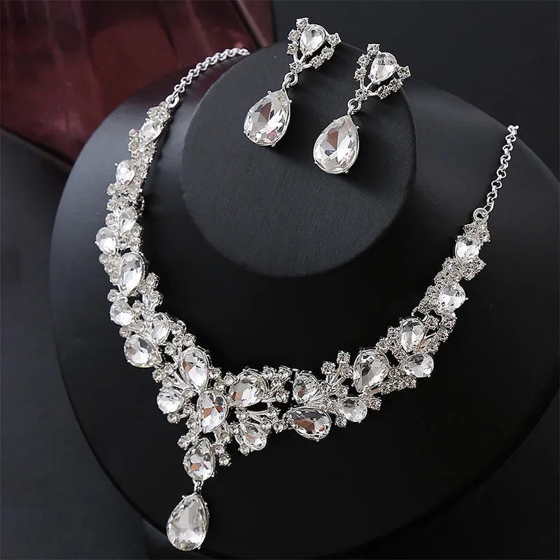 2pcs Women's Exaggerated Rhinestone Inlaid Necklace And Earring Set, Suitable For Bridal Wedding Party Evening Dress Accessories