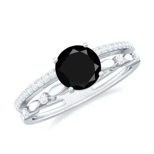 7 MM Black Onyx Double Band Solitaire Engagement Ring with Diamond