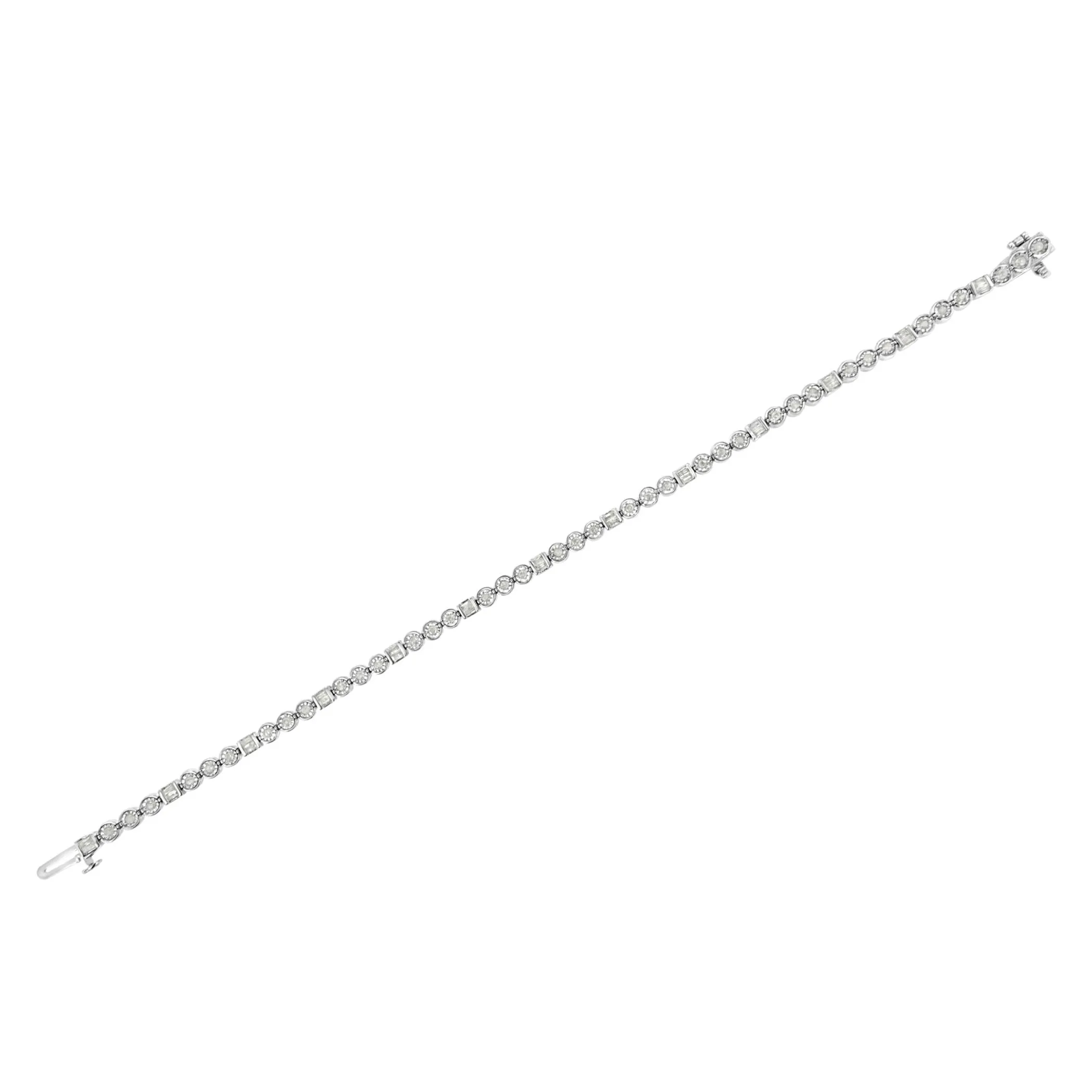 .925 Sterling Silver 1.0 Cttw Alternating Channel Set Baguette and Miracle Set Round Diamond Link Bracelet (I-J Color, I3 Clarity) - 7.25"