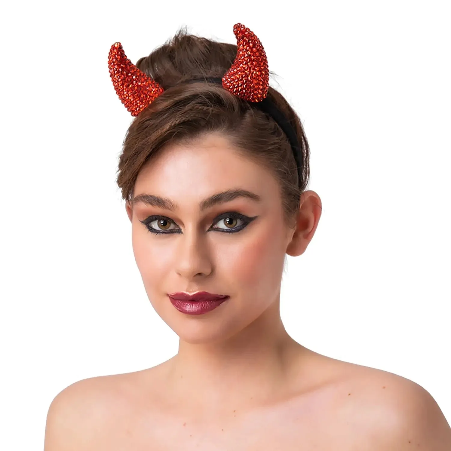 Adults Deluxe Devil Horns Headband Red Diamante Halloween Hat