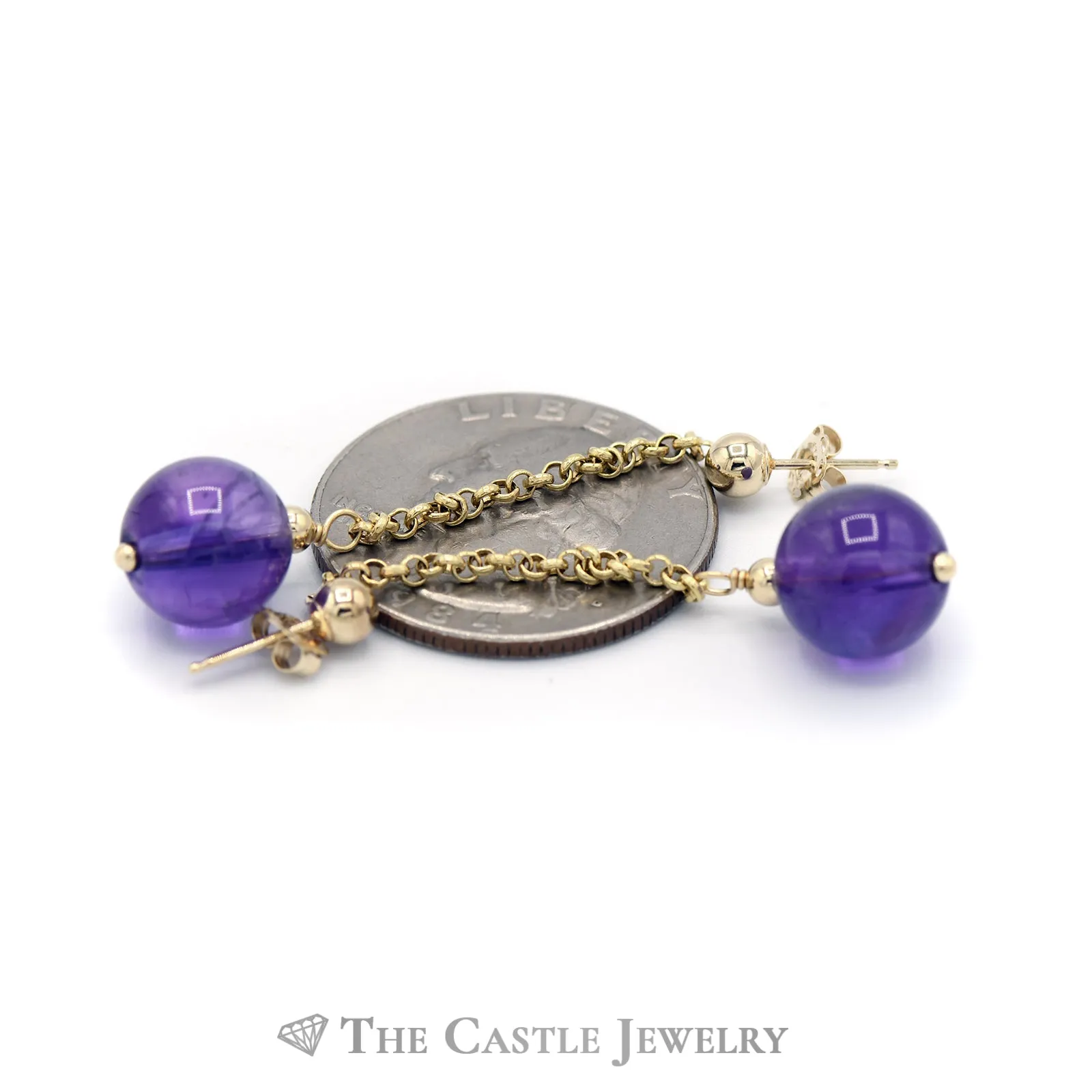 Amethyst Bead Drop Earrings on Rolo Chain in 14KT Yellow Gold