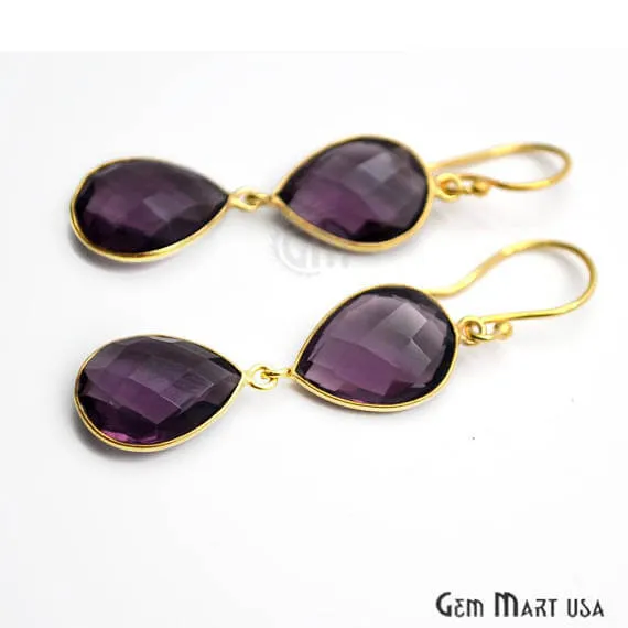 Amethyst Bezel Pears Shape Gold Plated 40x12mm Dangle Hook Earring (AMER-90186)