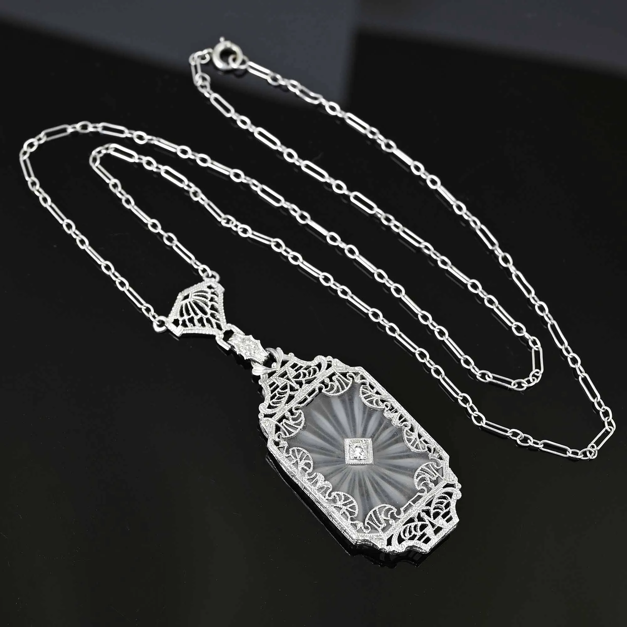 Art Deco Diamond Rock Crystal Necklace in Platinum