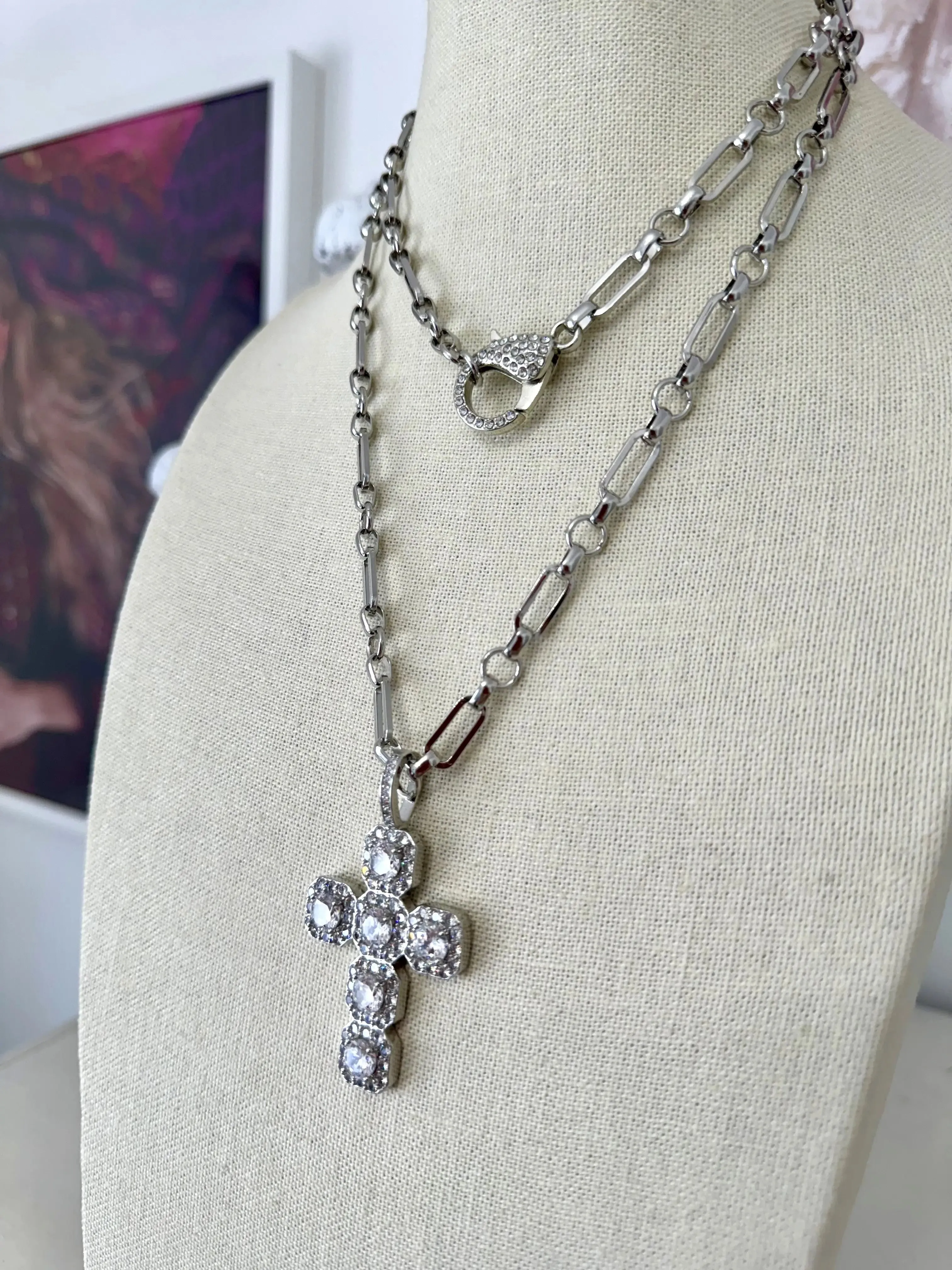 Assisi Long Cross Necklace - Silver