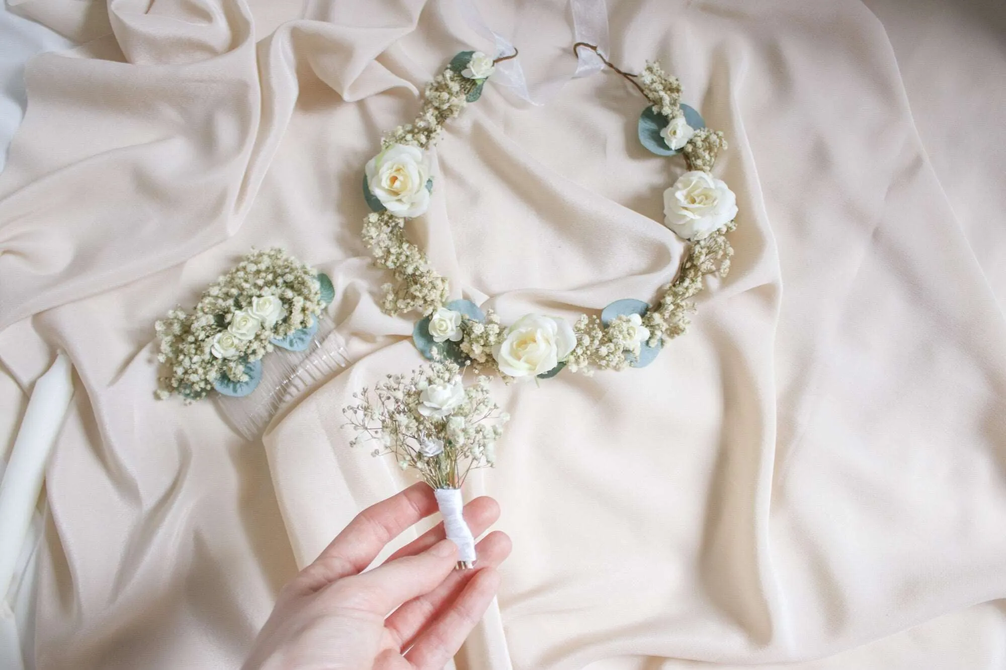 Baby's Breath & Eucalyptus Flower Crown Bridal Set, Baby's Breath