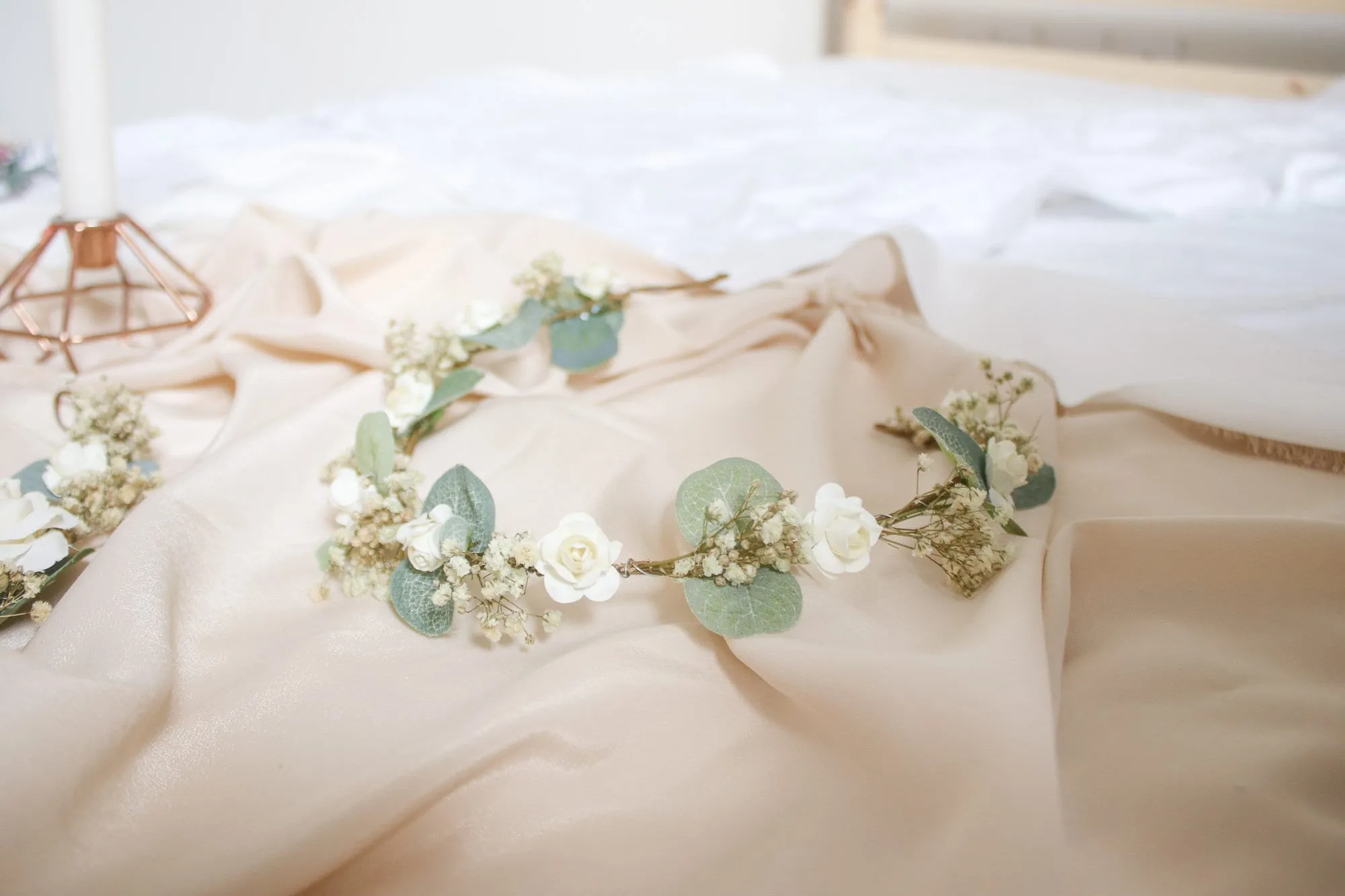 Baby's Breath & Eucalyptus Flower Crown Bridal Set, Baby's Breath