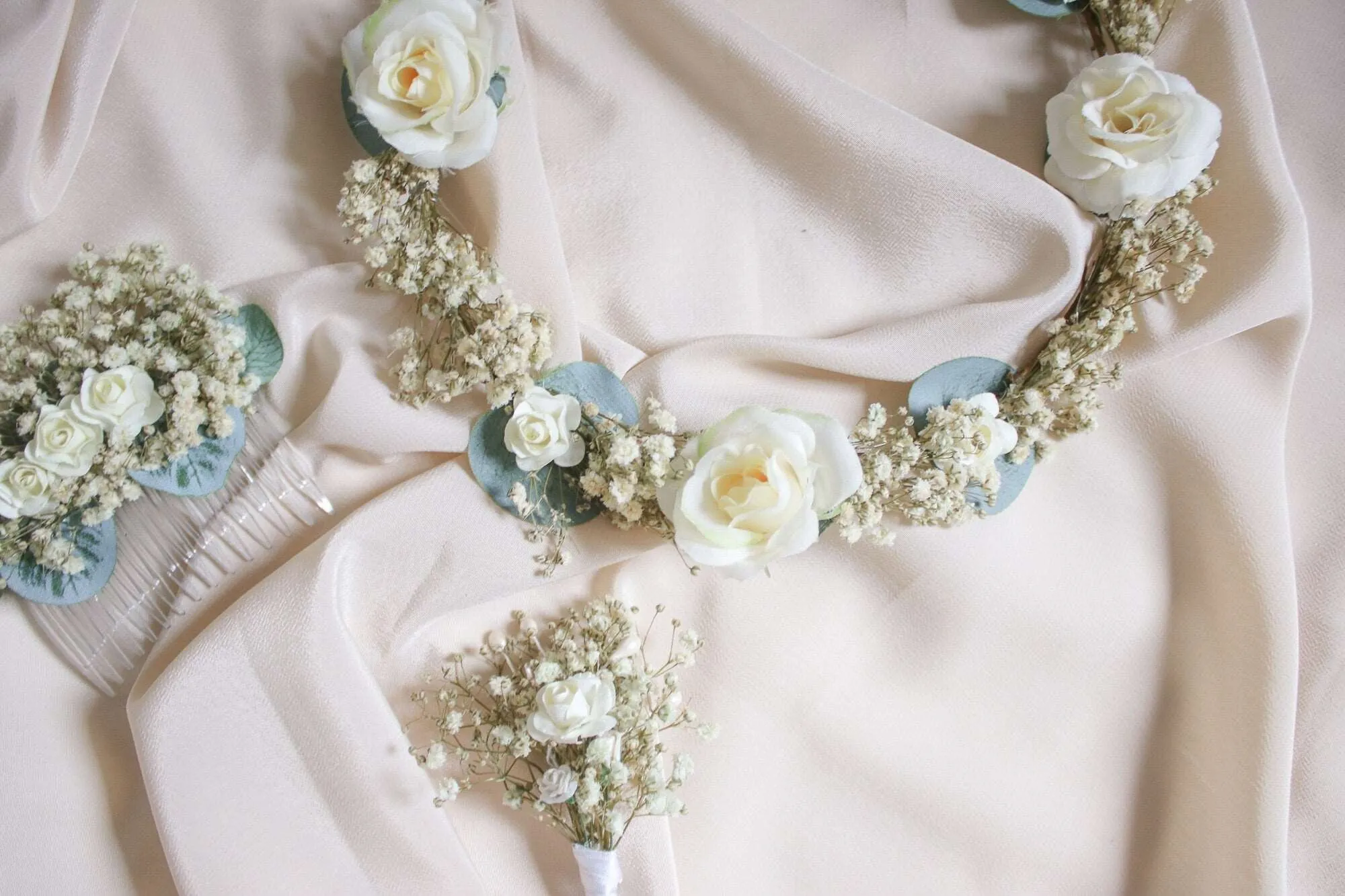 Baby's Breath & Eucalyptus Flower Crown Bridal Set, Baby's Breath