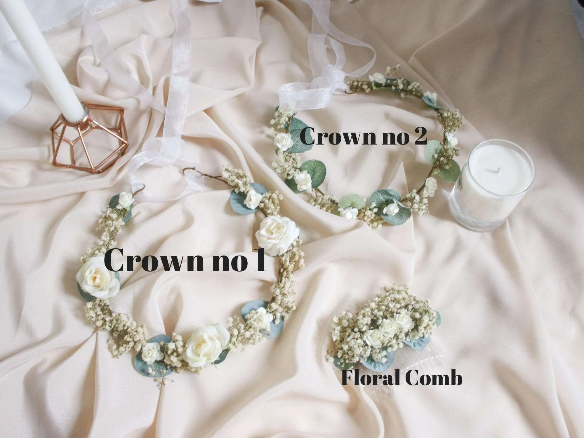 Baby's Breath & Eucalyptus Flower Crown Bridal Set, Baby's Breath