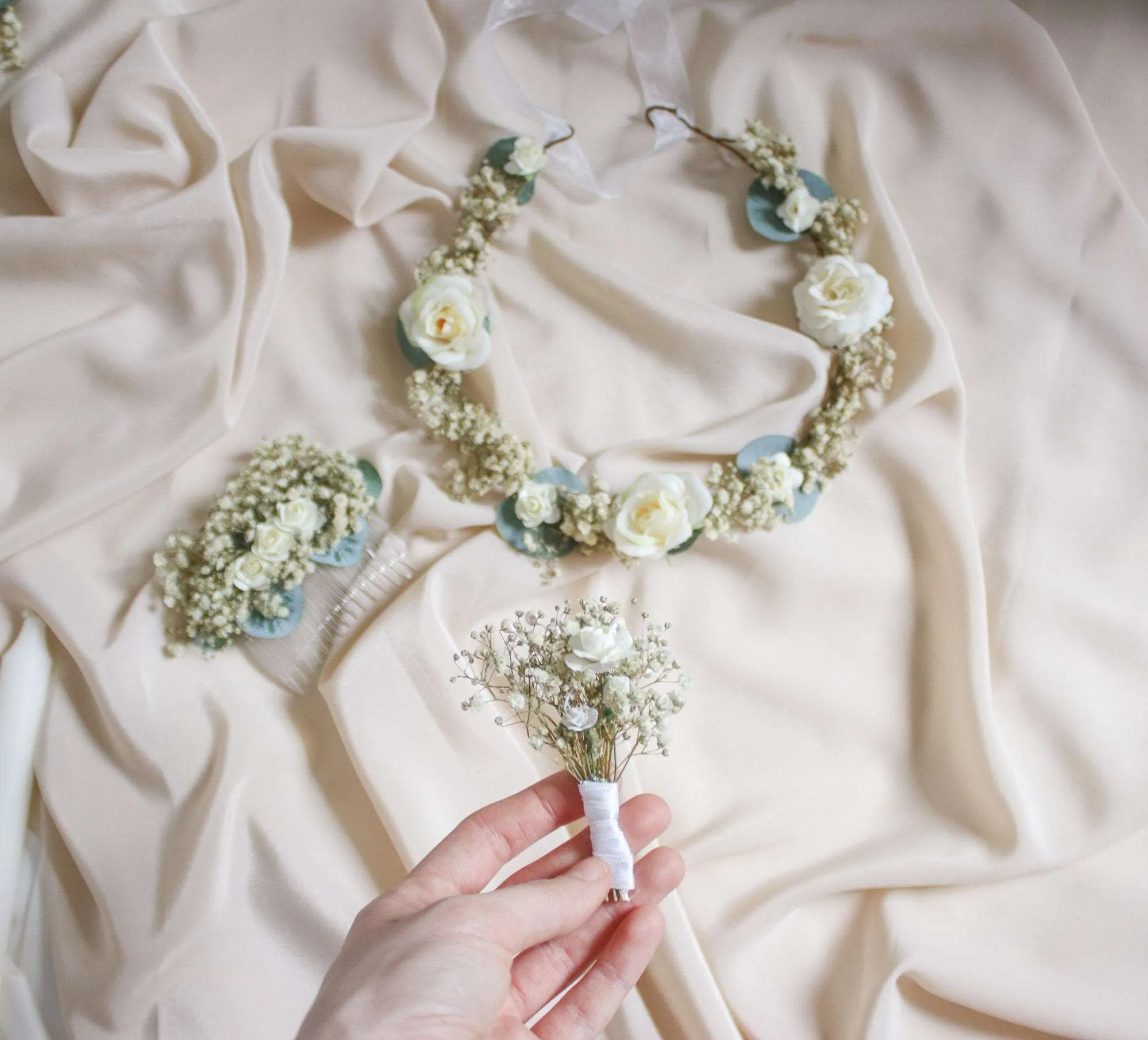 Baby's Breath & Eucalyptus Flower Crown Bridal Set, Baby's Breath