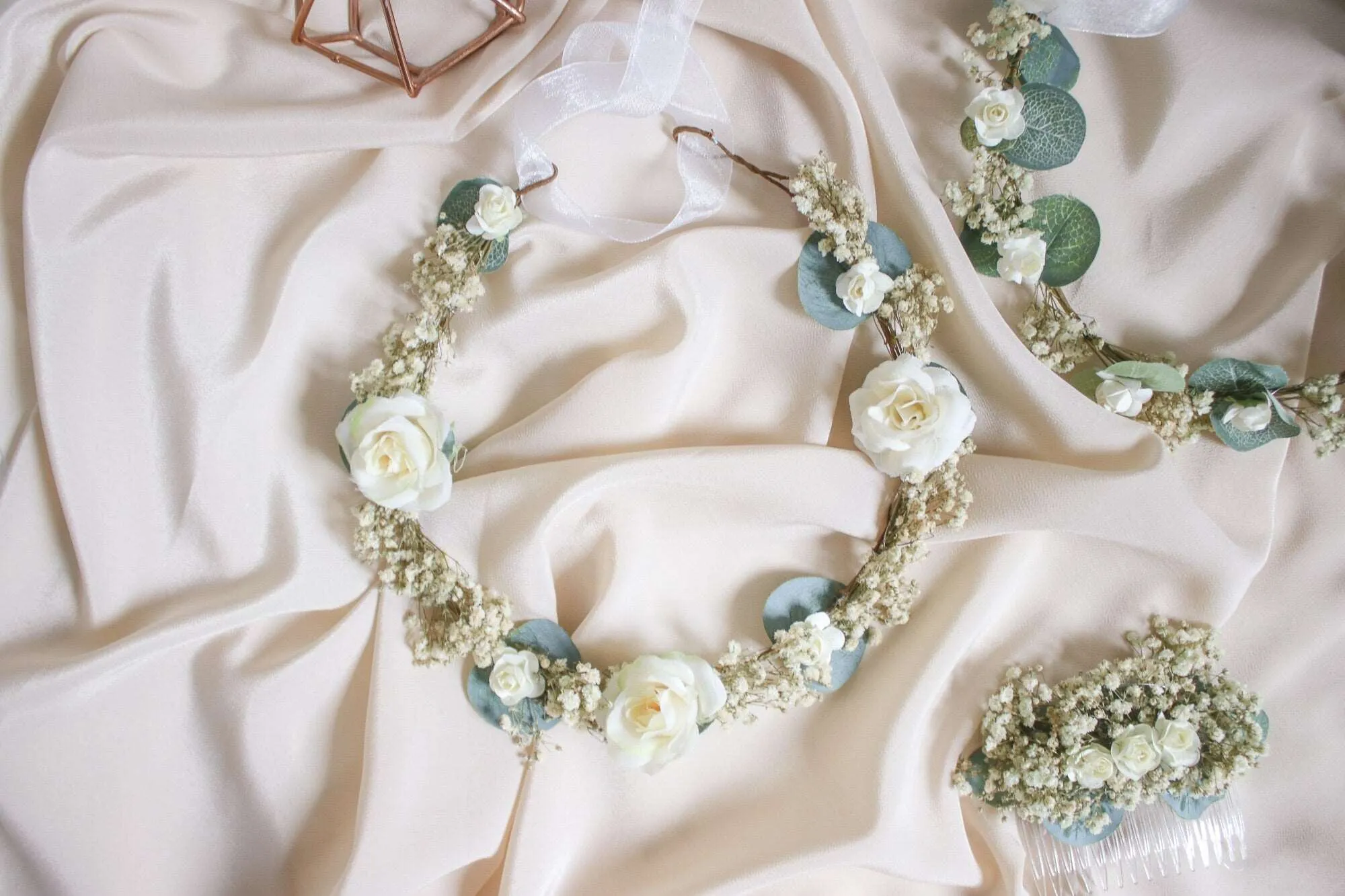 Baby's Breath & Eucalyptus Flower Crown Bridal Set, Baby's Breath